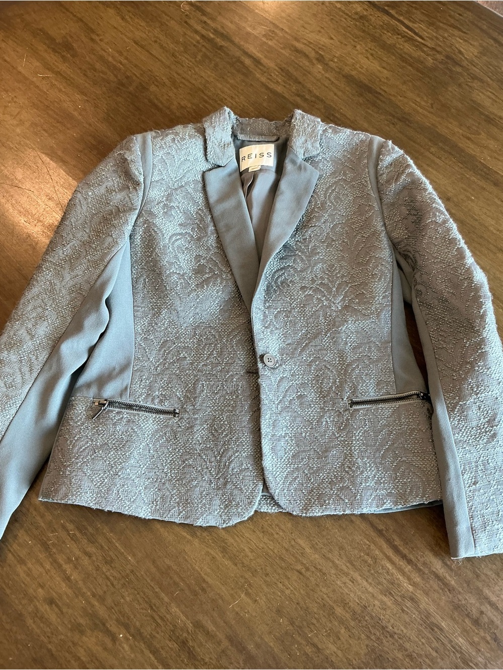 Reiss Silver Textured Single-Button Blazer with Zipper Pockets
